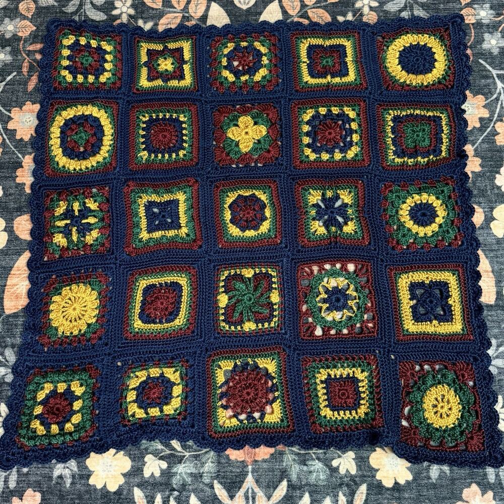 Vintage Granny Square Crochet Lap Afghan 34” X 34” Navy Gold Emerald Burgundy